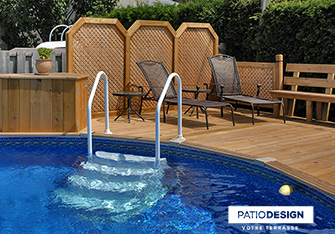 Patio with overground pool by Patio Design inc.