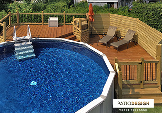 Patio with overground pool by Patio Design inc.