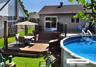 Patio with overground pool by Patio Design inc.